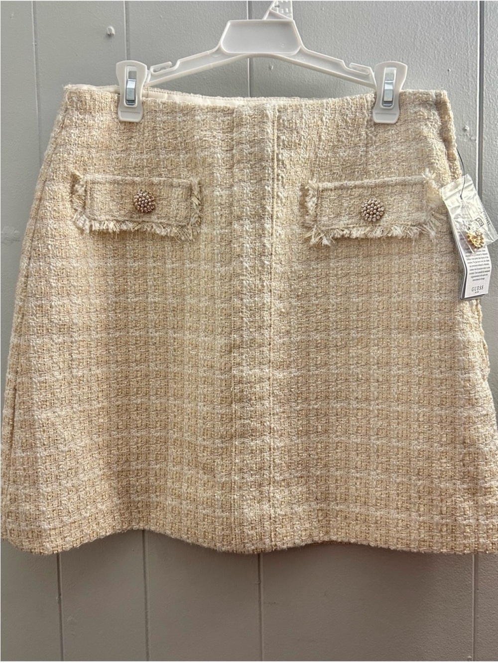 NWT GUESS Cream Tweed Pearl Pocket Mini Skirt XS